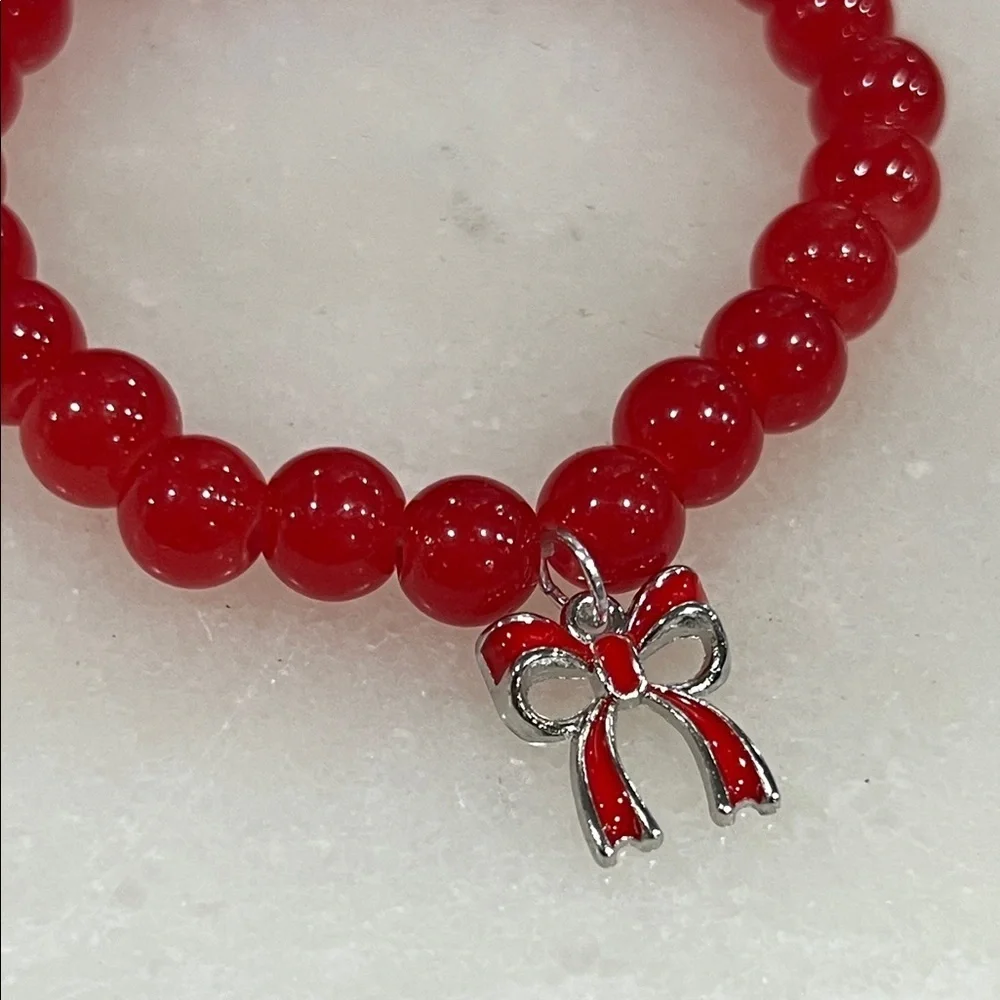 Elegant Red Beaded Bracelet with Bow Charm